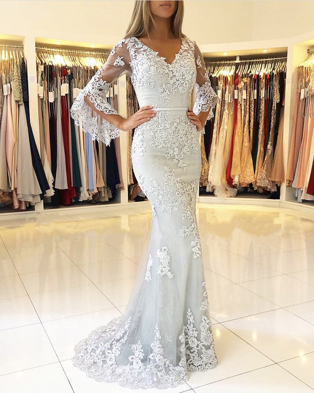 Elegant Puffy Sleeves Lace V-neck Mermaid Prom Evening Dresses alinanova Elegant Puffy Sleeves Lace V-neck Mermaid Prom Evening Dresses alinanova