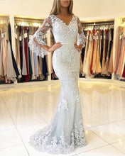 Load image into Gallery viewer, Elegant Puffy Sleeves Lace V-neck Mermaid Prom Evening Dresses-alinanova