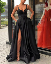 Load image into Gallery viewer, 5896 Evening Gown Long Black Satin Slit Prom Dresses