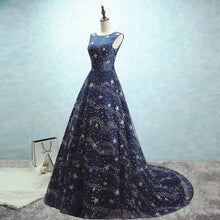 Load image into Gallery viewer, Glitter Stars Sequins Long Tulle Navy Blue Party Dress With Cap Sleeves-alinanova