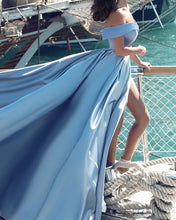 Load image into Gallery viewer, Long Satin Off Shoulder Bridesmaid Dresses Front Slit
