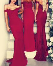 Load image into Gallery viewer, Burgundy-Lace-Appliques-Mermaid-Off-The-Shoulder-Bridesmaid-Dresses
