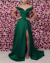 Load image into Gallery viewer, Sexy Off The Shoulder Long Satin V-neck Bridesmaid Dresses Leg Split-alinanova