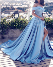 Load image into Gallery viewer, Off Shoulder Long Satin Prom Dresses Womens Formal Evening Gowns