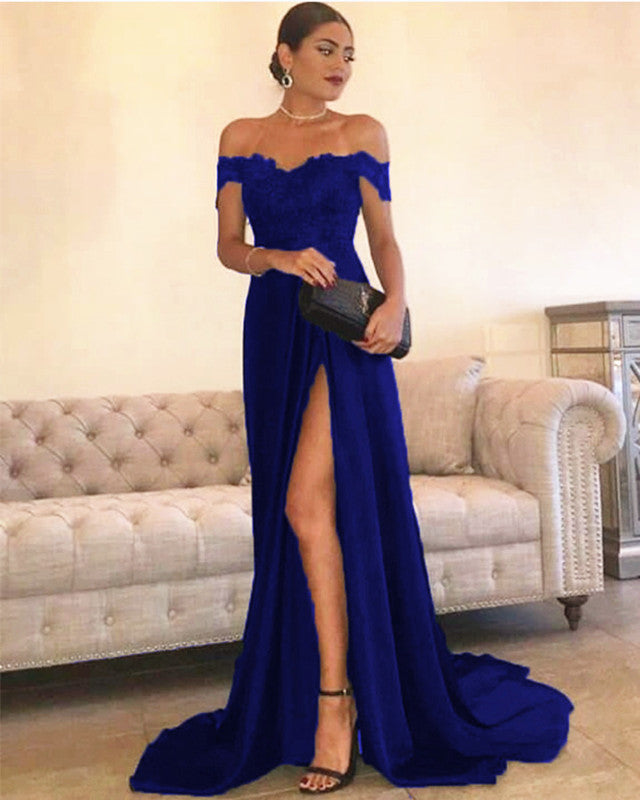 Leg Slit Satin Prom Dresses Lace Off The Shoulder Evening Gowns alinanova Leg Slit Satin Prom Dresses Lace Off The Shoulder Evening Gowns alinanova