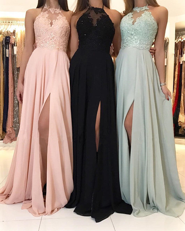 Charming Lace Halter Long Chiffon Split Bridesmaid Dresses – alinanova