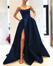 Load image into Gallery viewer, Navy Blue Long Satin Strapless Evening Dress