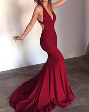 Load image into Gallery viewer, Burgundy Mermaid Open Back Prom Evening Dresses