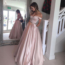 Load image into Gallery viewer, Long Satin V-neck Off Shoulder Prom Dresses Beaded Sashes