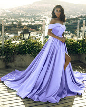 Load image into Gallery viewer, Lavender Satin Off Shoulder Evening Dresses
