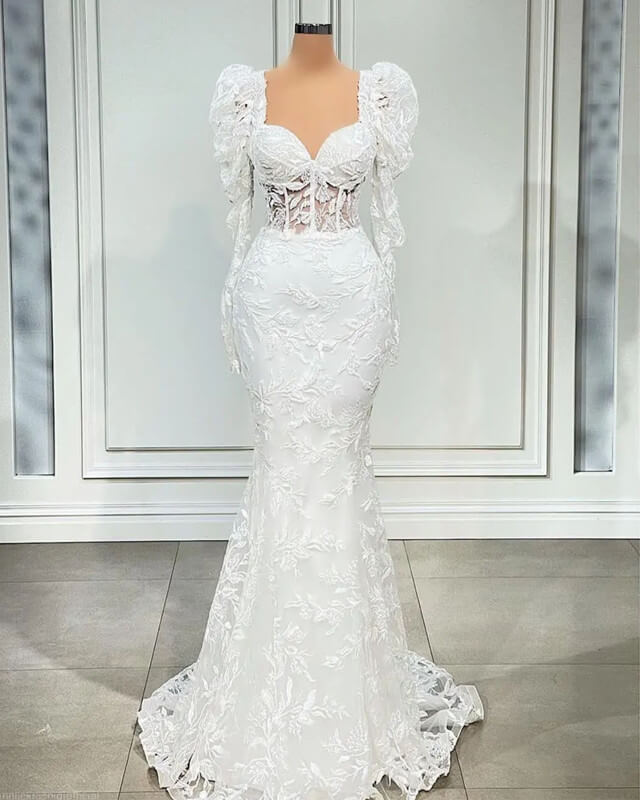 80s Style Wedding Dress Mermaid Lace Puffy Sleeves 80s Style Wedding Dress Mermaid Lace Puffy Sleeves