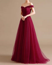 Load image into Gallery viewer, Off Shoulder Tulle Bridesmaid Dresses Burgundy