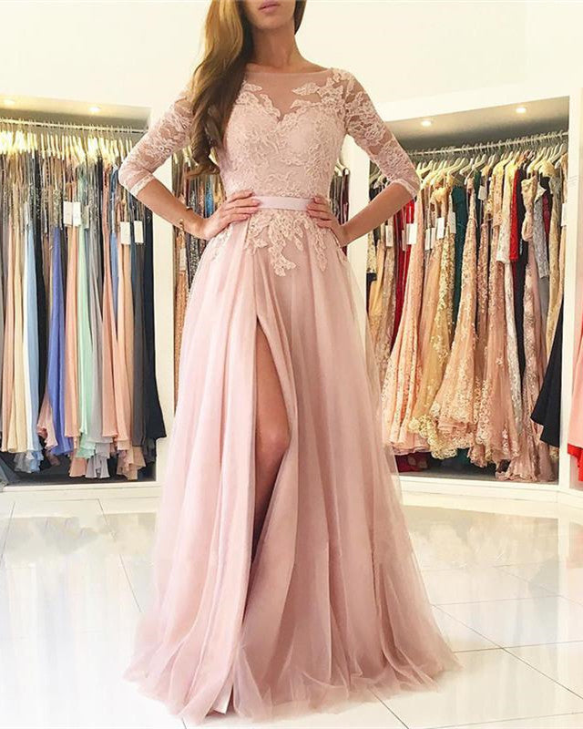 Modest Lace Appliques Nude Pink Tulle Bridesmaid Dresses With