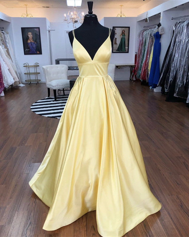 Sexy Straps V-neck Satin Long Prom Dresses With Pocket alinanova Sexy Straps V-neck Satin Long Prom Dresses With Pocket alinanova