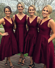 Load image into Gallery viewer, Deep Red Bridesmaid Dresses Front Short Long Back