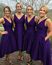 Load image into Gallery viewer, High Low Hem Style Satin V Neck Bridesmaid Dresses