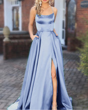 Load image into Gallery viewer, Long Satin Steel Blue Bridesmaid Dresses
