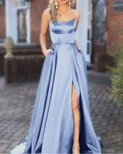 Long Satin Steel Blue Bridesmaid Dresses