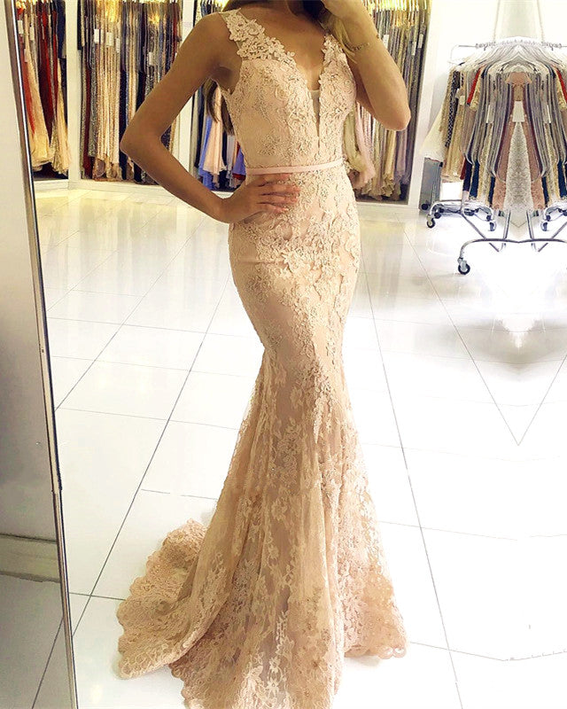 Sexy Nude Back Champagne Lace Mermaid Evening Dresses