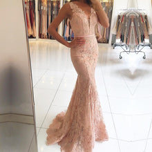 Load image into Gallery viewer, Sexy Nude Back Champagne Lace Mermaid Evening Dresses