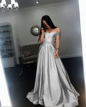 Load image into Gallery viewer, Long Champagne V Neck Evening Dress Off Shoulder Prom Gowns