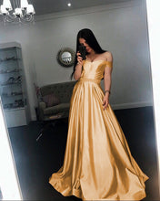 Load image into Gallery viewer, Long Champagne V Neck Evening Dress Off Shoulder Prom Gowns