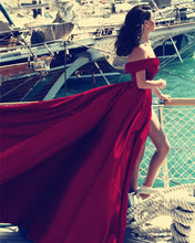 Load image into Gallery viewer, Maroon Evening Dresses Long Satin Off The Shoulder