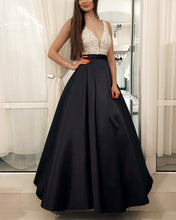 Load image into Gallery viewer, Black-Evening-Dresses-Long-Satin-Beaded-Prom-Gowns
