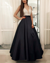 Load image into Gallery viewer, Black-Evening-Dresses-Long-Satin-Beaded-Prom-Gowns