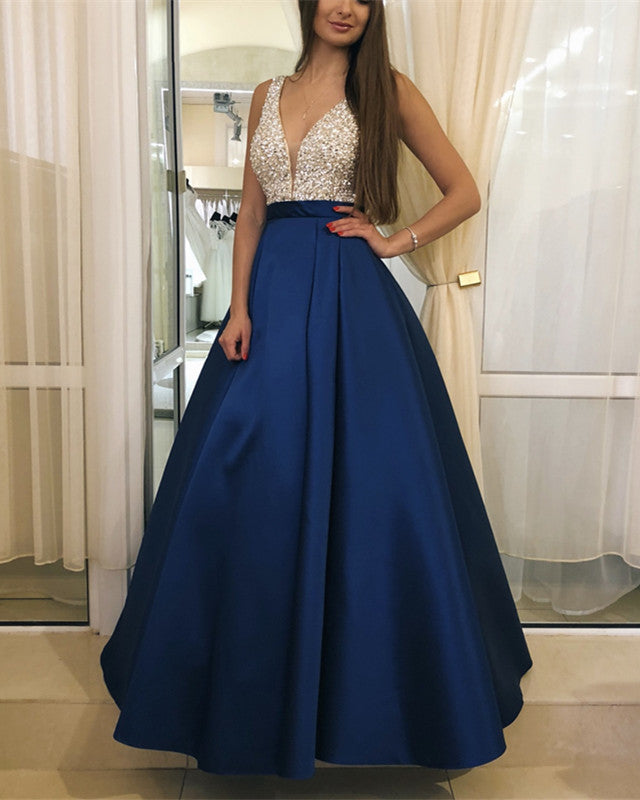 Plunge Neck Floor Length Satin Prom Evening Dress Sequin Beaded Plunge Neck Floor Length Satin Prom Evening Dress Sequin Beaded