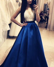 Load image into Gallery viewer, Plunge Neck Floor Length Satin Prom Evening Dress Sequin Beaded