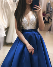 Load image into Gallery viewer, Plunge Neck Floor Length Satin Prom Evening Dress Sequin Beaded