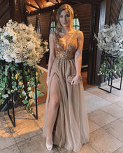 Load image into Gallery viewer, 8858 Tulle Dresses Gold Sequin Beaded Gown