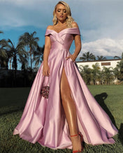 Load image into Gallery viewer, Off The Shoulder Satin Split Dresses With Pockets
