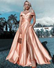Load image into Gallery viewer, Off The Shoulder Satin Split Dresses With Pockets
