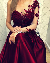 Load image into Gallery viewer, Lace Long Sleeves Satin Prom Evening Dresses One Shoulder-alinanova