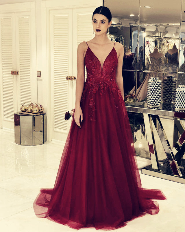 A-line V-Neck Tulle Prom Long Dresses Lace Embroidery
