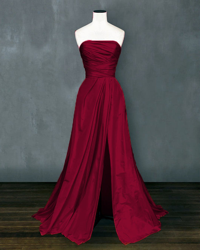 Sexy Strapless Long Satin Slit Prom Evening Dresses 2021  alinanova