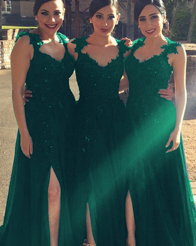 Elegant Lace Straps Sweetheart Long Tulle Split Bridesmaid Dresses Elegant Lace Straps Sweetheart Long Tulle Split Bridesmaid Dresses