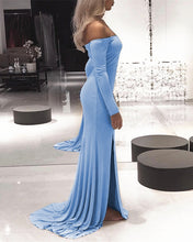 Load image into Gallery viewer, Sexy Leg Slit Jersey Off Shoulder Long Sleeves Mermaid Evening Dresses