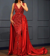 Load image into Gallery viewer, Mermaid V-neck Crystal Beaded Satin Dress Removable Skirt