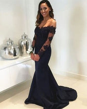 Load image into Gallery viewer, Navy-Blue-Prom-Gowns-Mermaid-Long-Sleeves-Bridesmaid-Dresses