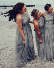 Load image into Gallery viewer, Silver Tulle Bridesmaid Dresses Sequins Beaded