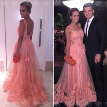 Load image into Gallery viewer, A Line Backless Long Pink Tulle Evening Dress Lace Appliques