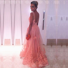Load image into Gallery viewer, Coral-Pink-Prom-Dresses-2019-Lace-Appliques-Evening-Gowns