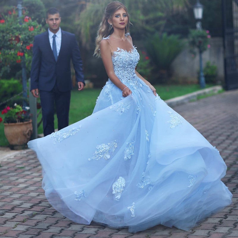 A Line Floor Length Tulle Prom Dresses Lace Appliques A Line Floor Length Tulle Prom Dresses Lace Appliques