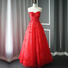 Load image into Gallery viewer, A Line Floral Lace Beaded Sweetheart Tulle Evening Gowns Long Prom Dress-alinanova