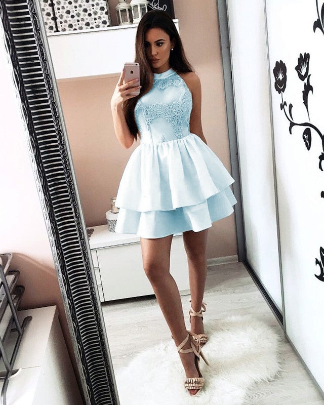 A Line Halter Satin Homecoming Dresses Lace Applique A Line Halter Satin Homecoming Dresses Lace Applique