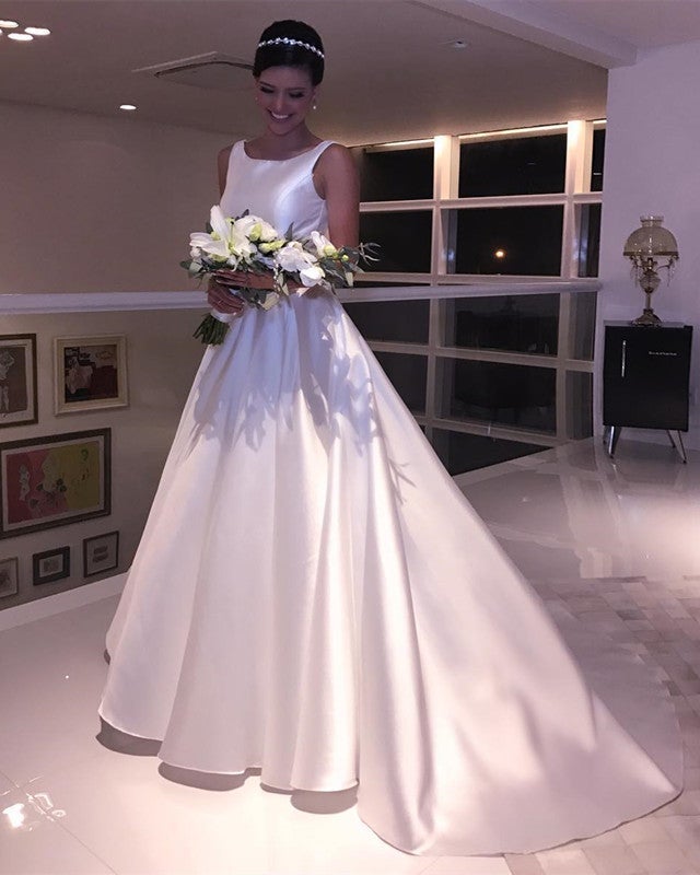 A Line Scoop Neck Bow Sashes Satin Wedding Dresses A Line Scoop Neck Bow Sashes Satin Wedding Dresses