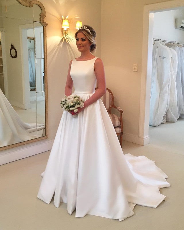 A Line Scoop Neck Long Satin Backless Wedding Dresses For Bride A Line Scoop Neck Long Satin Backless Wedding Dresses For Bride